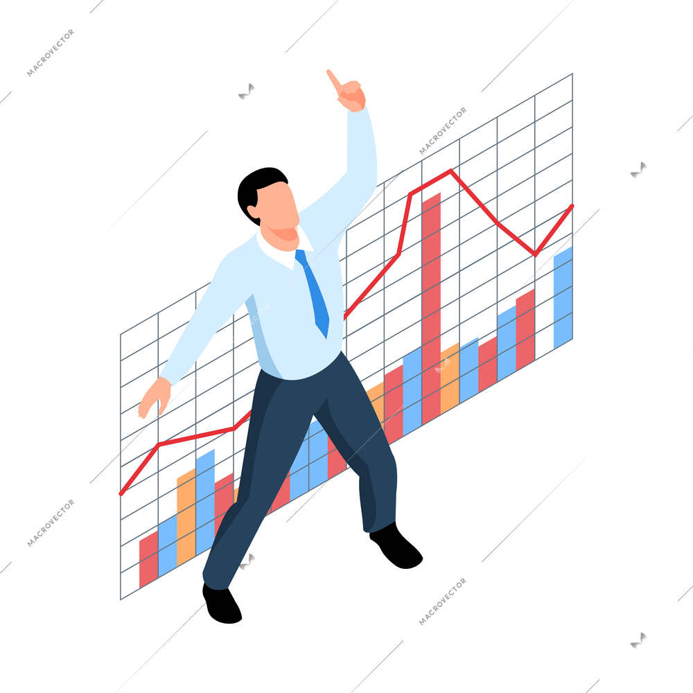 Isometric stock market exchange trading finance composition with character of man in front of graph vector illustration