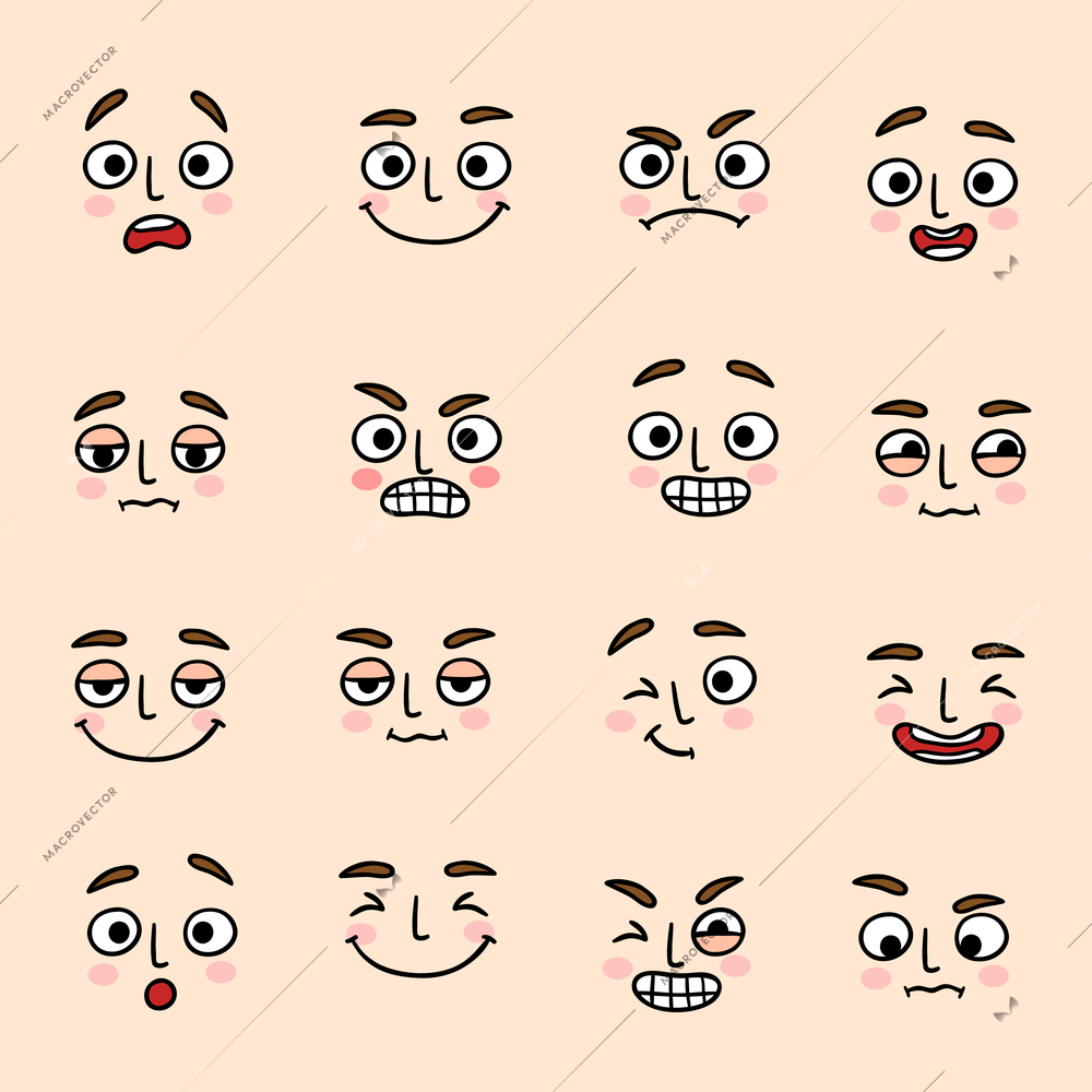 Facial mood expression icons set of laugh fun and happiness isolated vector illustration