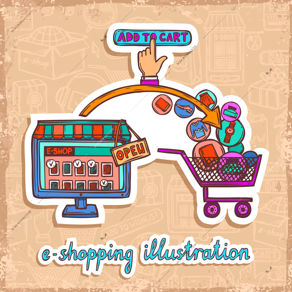 Internet shopping e-commerce online email purchase sketch design concept vector illustration