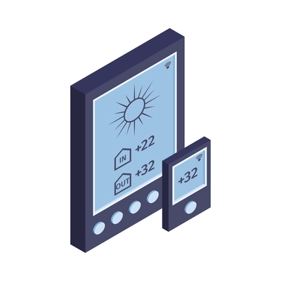 Isometric meteorological weather center forecasters composition with gadgets checking temperature vector illustration