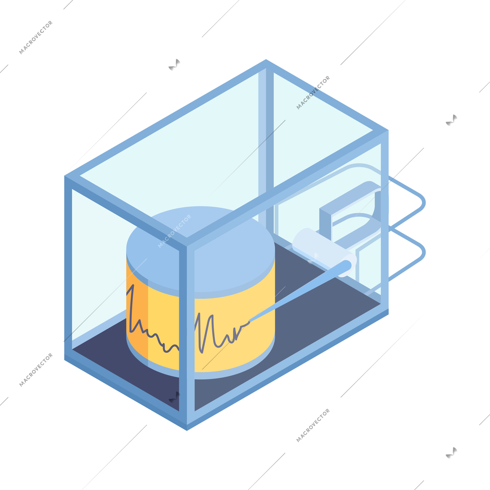 Isometric meteorological weather center forecasters composition with vibration sensor in glass box vector illustration
