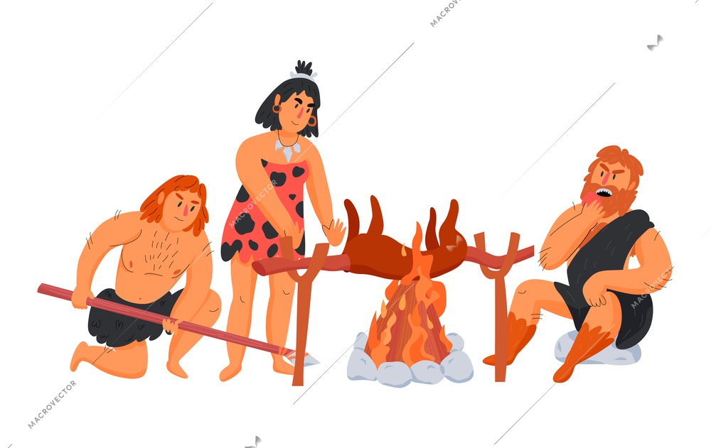 Primitive man caveman composition with group of ancient people cooking dinner at fireplace vector illustration