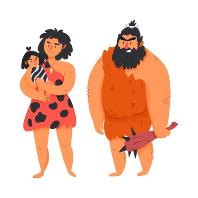 Primitive man caveman composition with isolated human characters of ancient man and woman with baby vector illustration