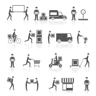 Delivery person with parcel box cart motorbike icons black set isolated vector illustration