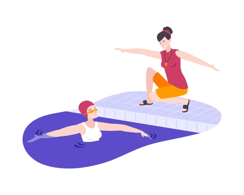 Fitness club composition with characters of swimming instructor and woman floating in pool vector illustration