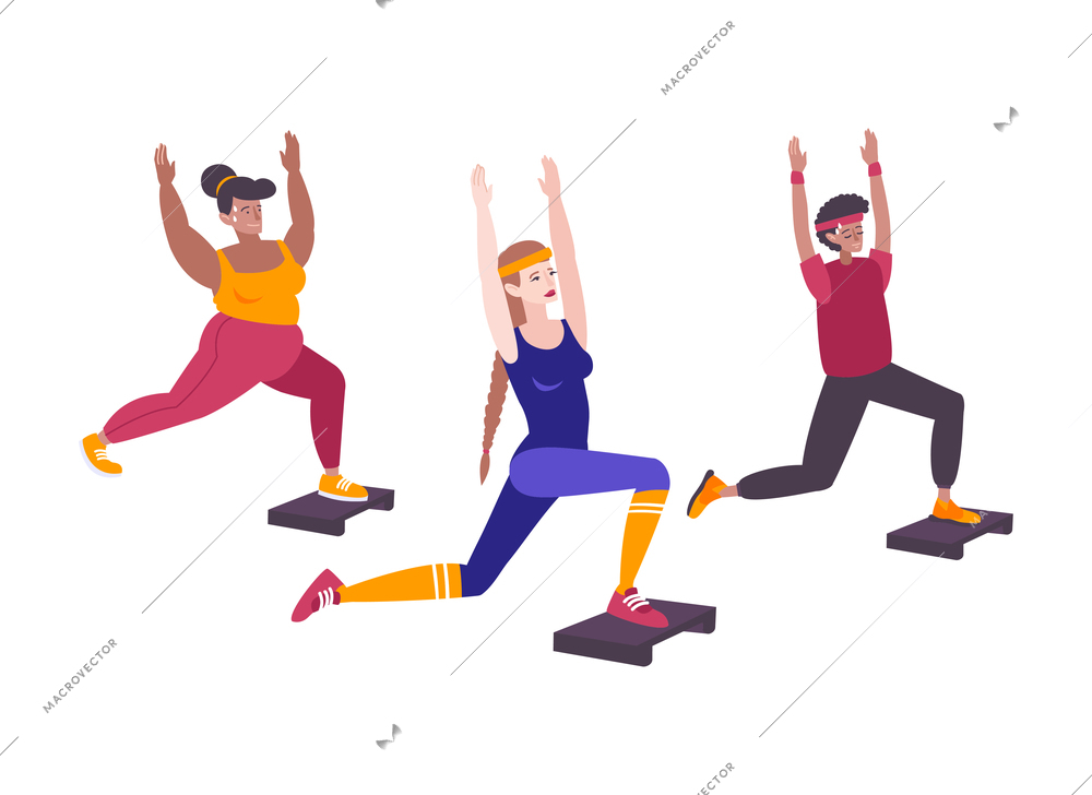 Fitness club composition with group of athletes standing on single legs raising hands simulateniously vector illustration