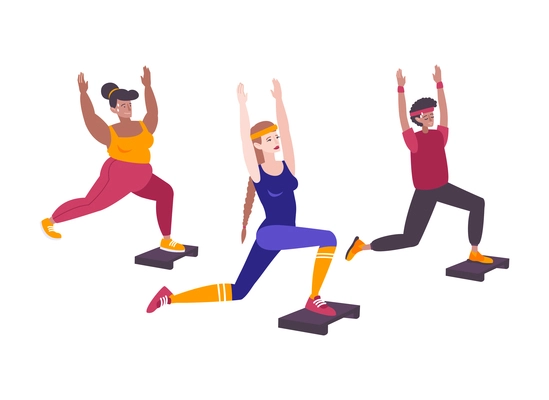 Fitness club composition with group of athletes standing on single legs raising hands simulateniously vector illustration