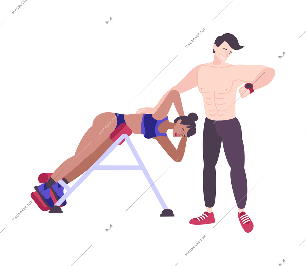 Fitness club composition with male athlete helping fellow woman to practice vector illustration