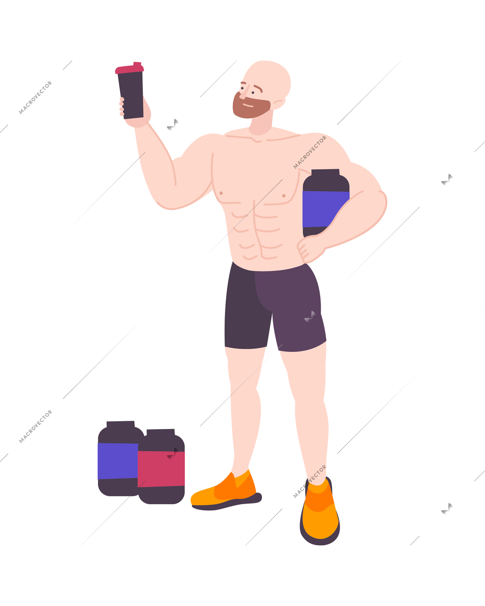 Fitness club composition with human character of muscular male athlete with protein food and drink vector illustration