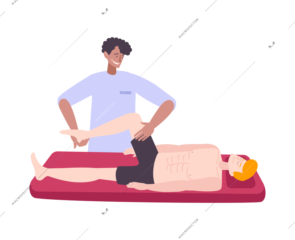 Fitness club composition with human character of assistant stretching athletes leg on table vector illustration