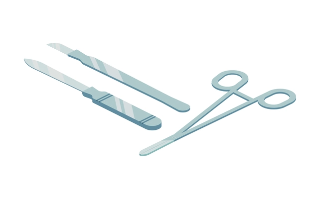 Ambulance isometric composition with isolated image of medical scalpels and scissors vector illustration