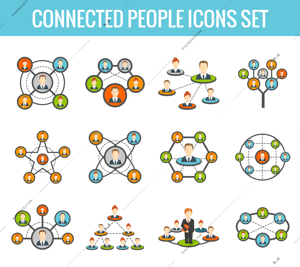 Connected people social network human hierarchy and communication concept flat icons set isolated vector illustration