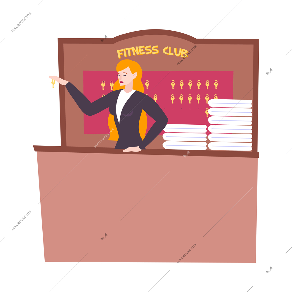 Fitness club composition with view of reception table with female receptionist and cabinet with keys vector illustration