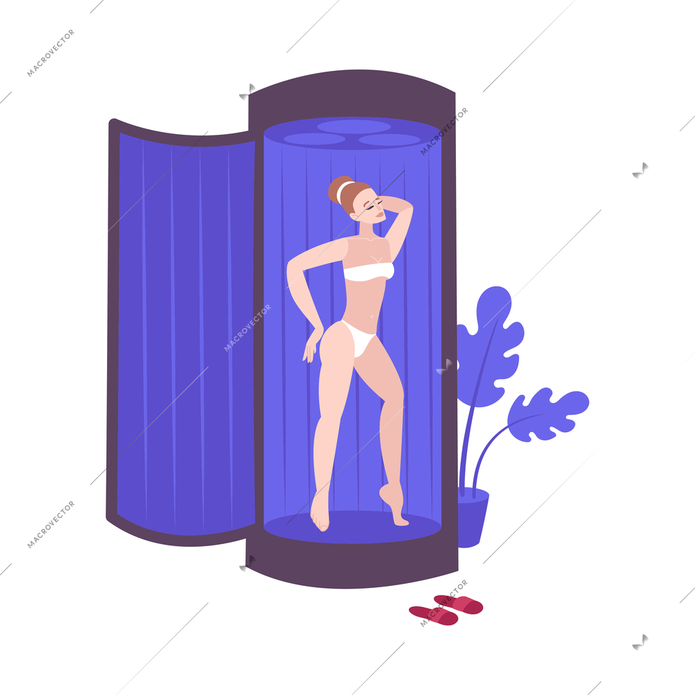 Fitness club composition with isolated image of ultraviolet cabin with female athlete vector illustration