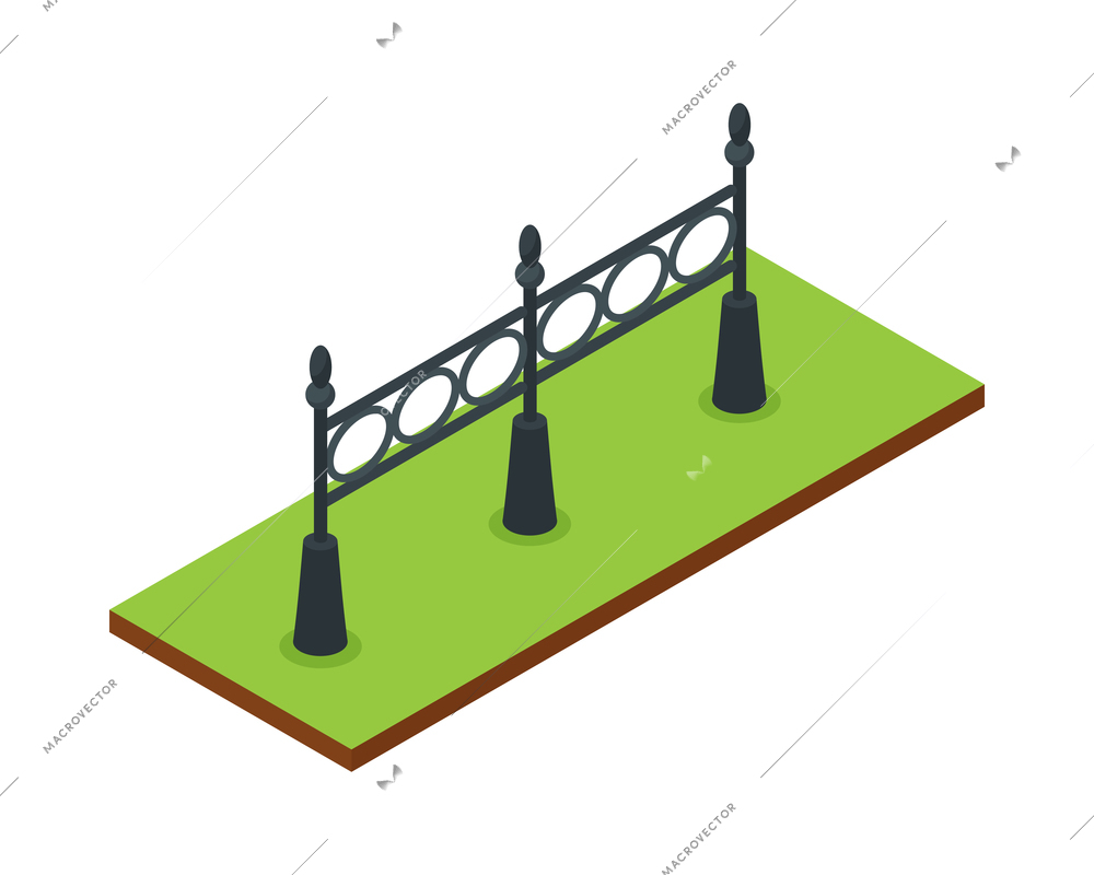 Isometric forest park nature element composition with rectangular platform and section of iron fence vector illustration