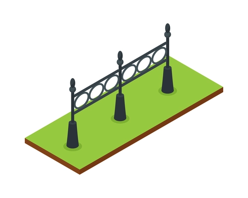 Isometric forest park nature element composition with rectangular platform and section of iron fence vector illustration