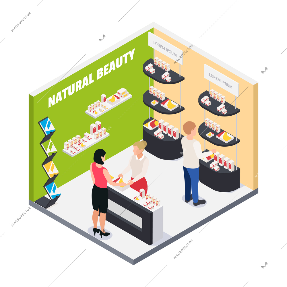 Modern exhibition promotion stands isometric composition with view of booth with cosmetic products vector illustration