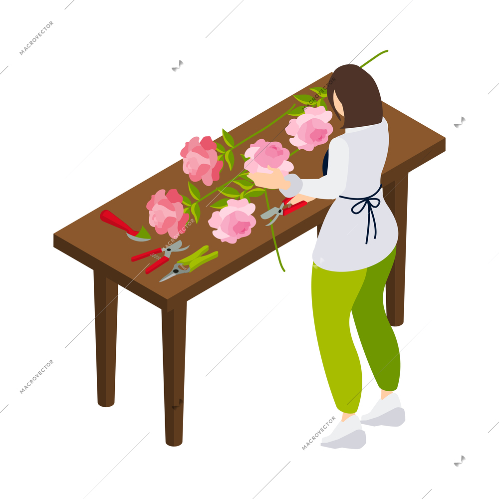 Flower shop florist icons isometric composition with female character of florist cutting flowers on table vector illustration