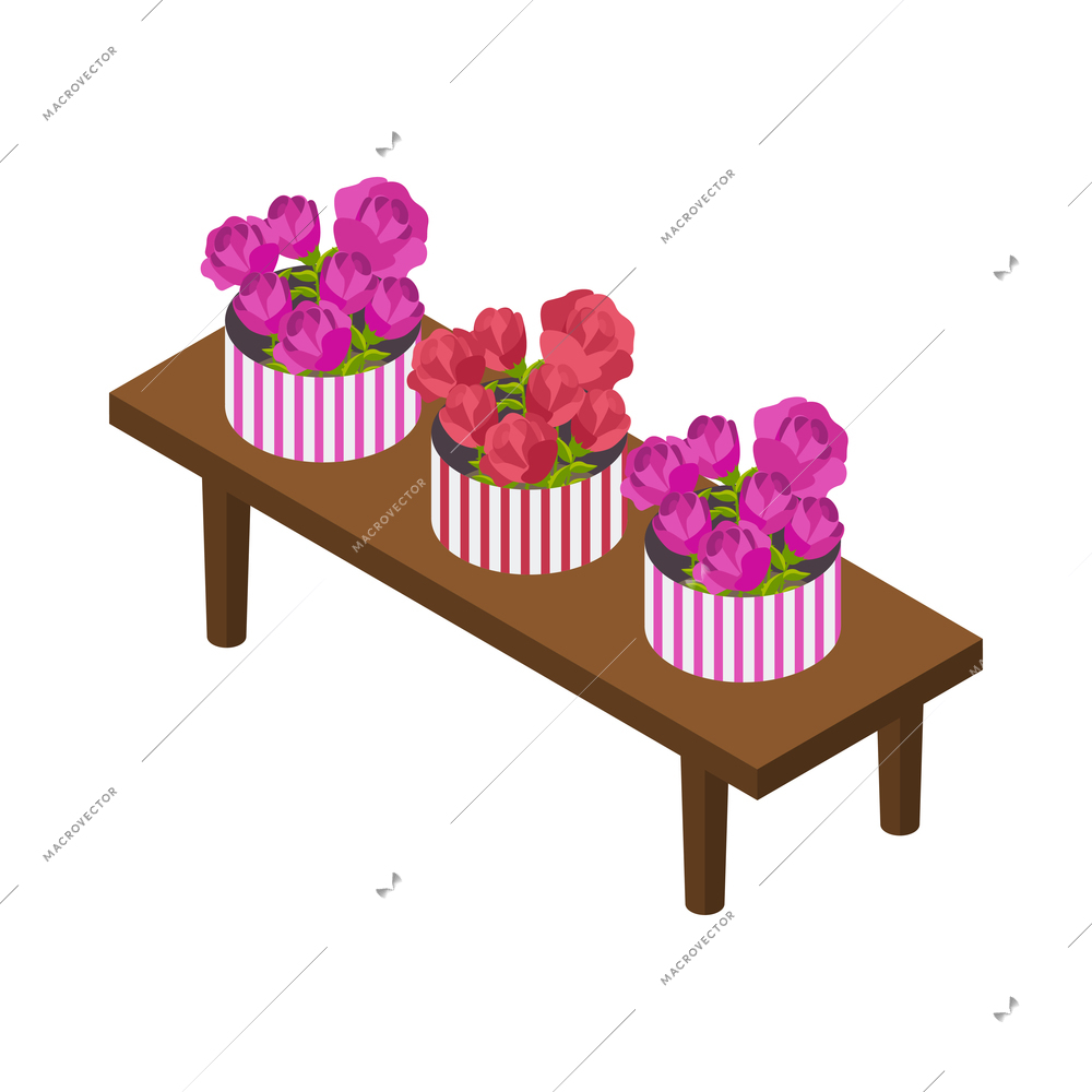 Flower shop florist icons isometric composition with isolated image of table with floral gift boxes vector illustration