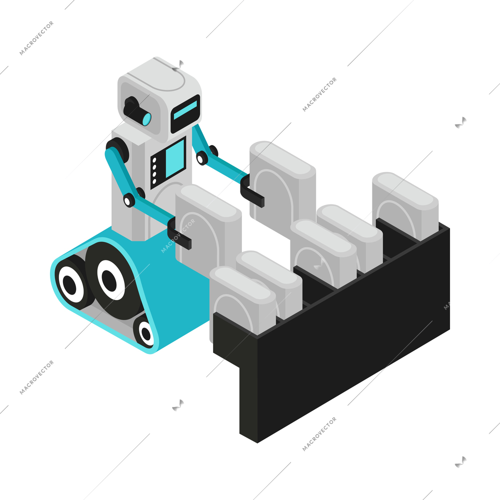 Isometric robotic process automation composition with character of robot crawler moving electronic boxes vector illustration