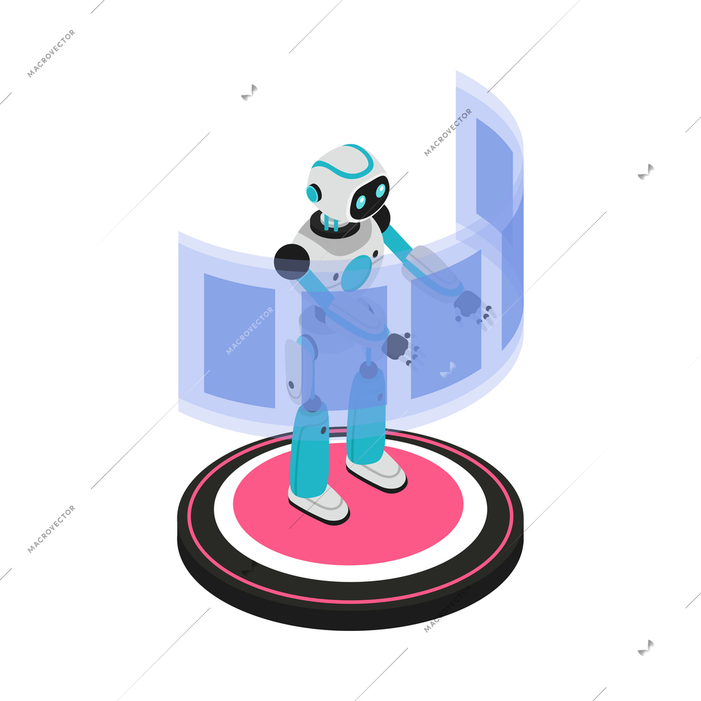 Isometric robotic process automation composition with character of robot on holographic platform vector illustration