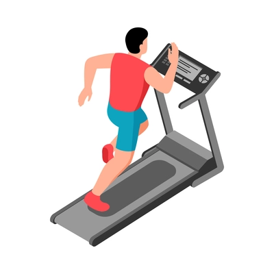 Isometric fitness sport composition with character of male athlete running on treadmill vector illustration