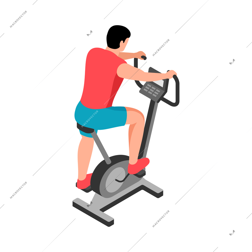 Isometric fitness sport composition with character of male athlete riding exercycle vector illustration