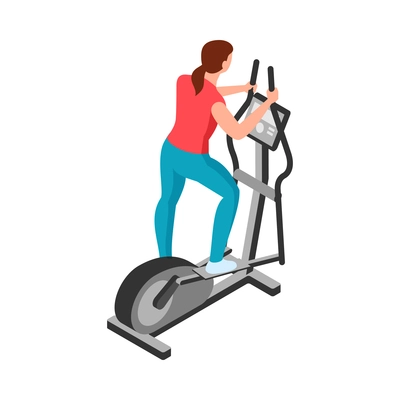 Isometric fitness sport composition with character of female athlete running on exercycle vector illustration