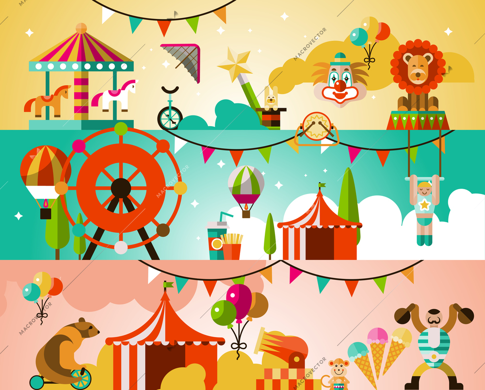 Circus entertainment attractions performances background with jugglers athletes animals vector illustration