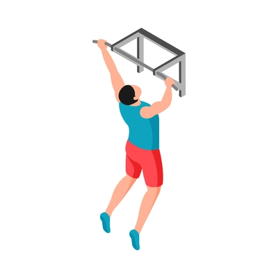 Isometric fitness sport composition with character of male athlete performing pull ups on horizontal bar vector illustration