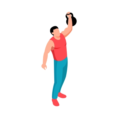 Isometric fitness sport composition with character of male athlete raising hand with dumbbell vector illustration