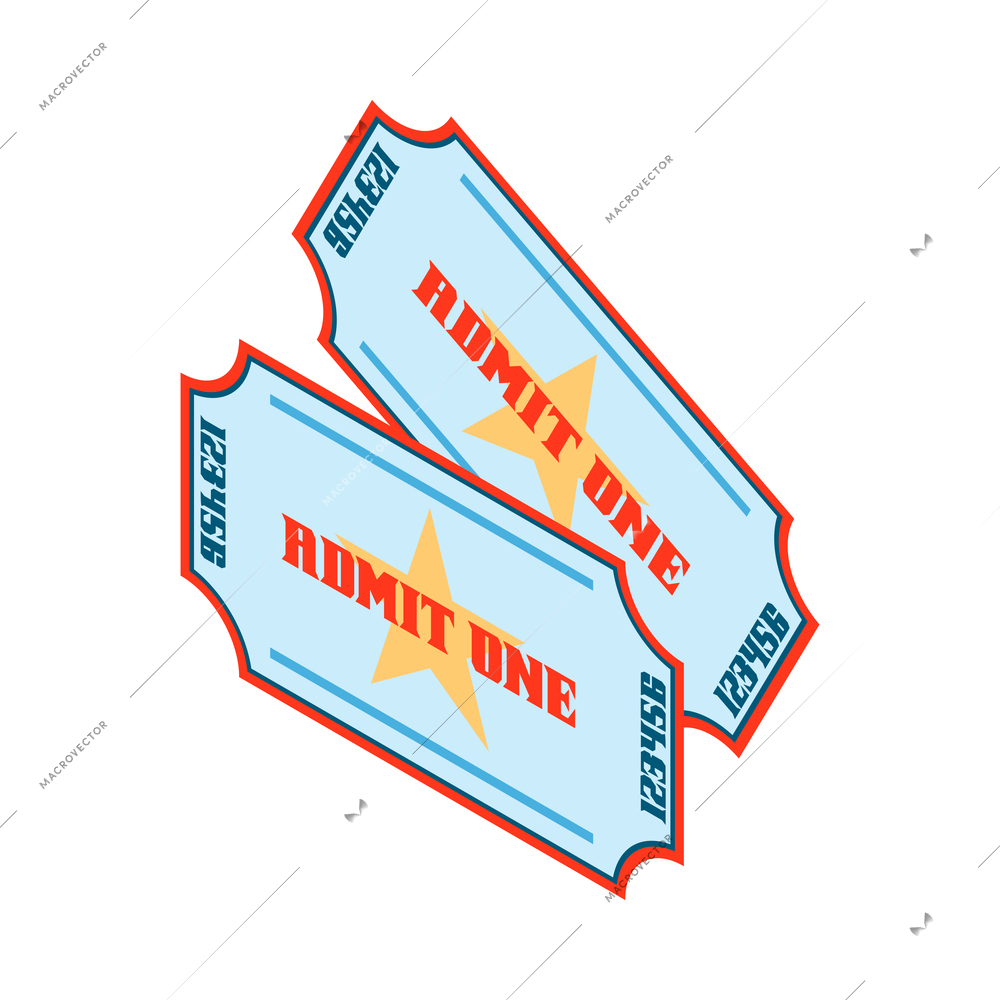 Isometric cinema movie composition with isolated image of two vintage style ticket coupons vector illustration