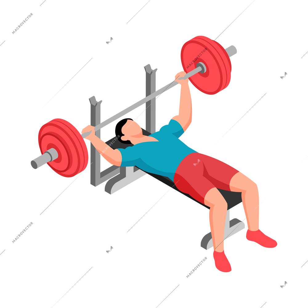 Isometric fitness sport composition with character of male athlete lifting bar in lying position vector illustration