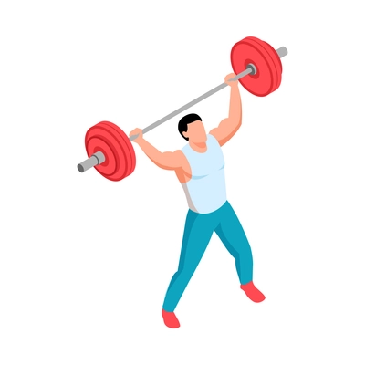 Isometric fitness sport composition with character of male athlete lifting heavy bar vector illustration