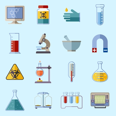 Science and research laboratory icons set with monitor poison protective gloves flask isolated vector illustration