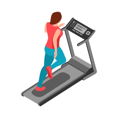 Isometric fitness sport composition with character of female athlete running on treadmill vector illustration