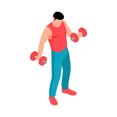 Isometric fitness sport composition with character of male athlete practicing with dumbbells vector illustration