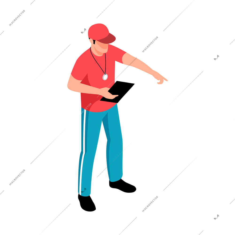 Isometric fitness sport composition with character of male fitness trainer with stopwatch vector illustration