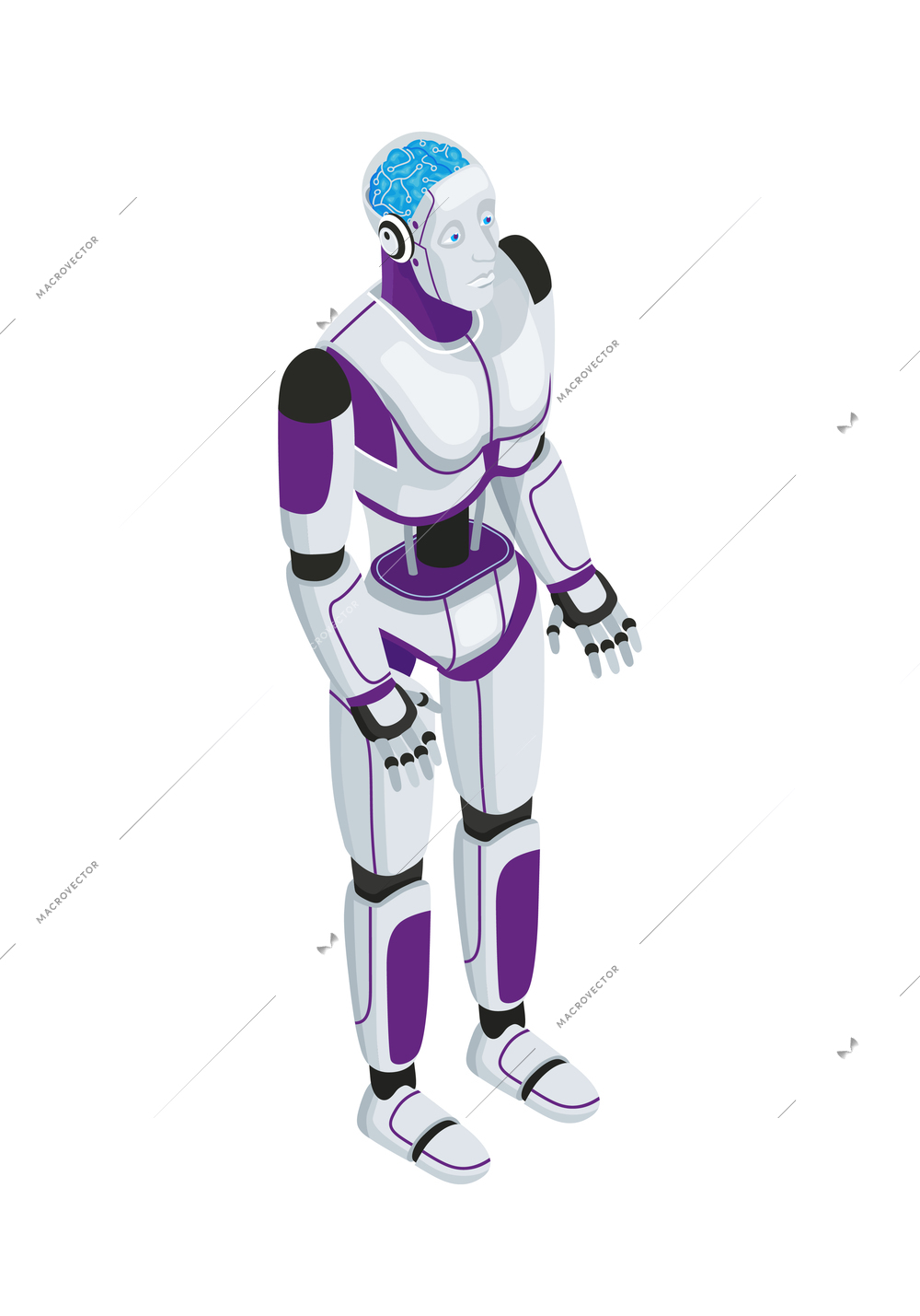 Isometric artificial intelligence composition with isolated image of robot with human like brain vector illustration