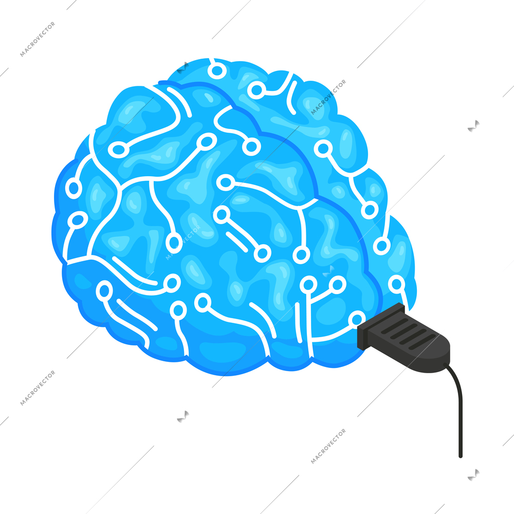 Isometric artificial intelligence composition with isolated image of human brain with connected flash drive vector illustration