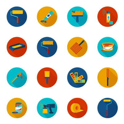 Painting house work painter tools icons colored set with spray tray bucket isolated vector illustration