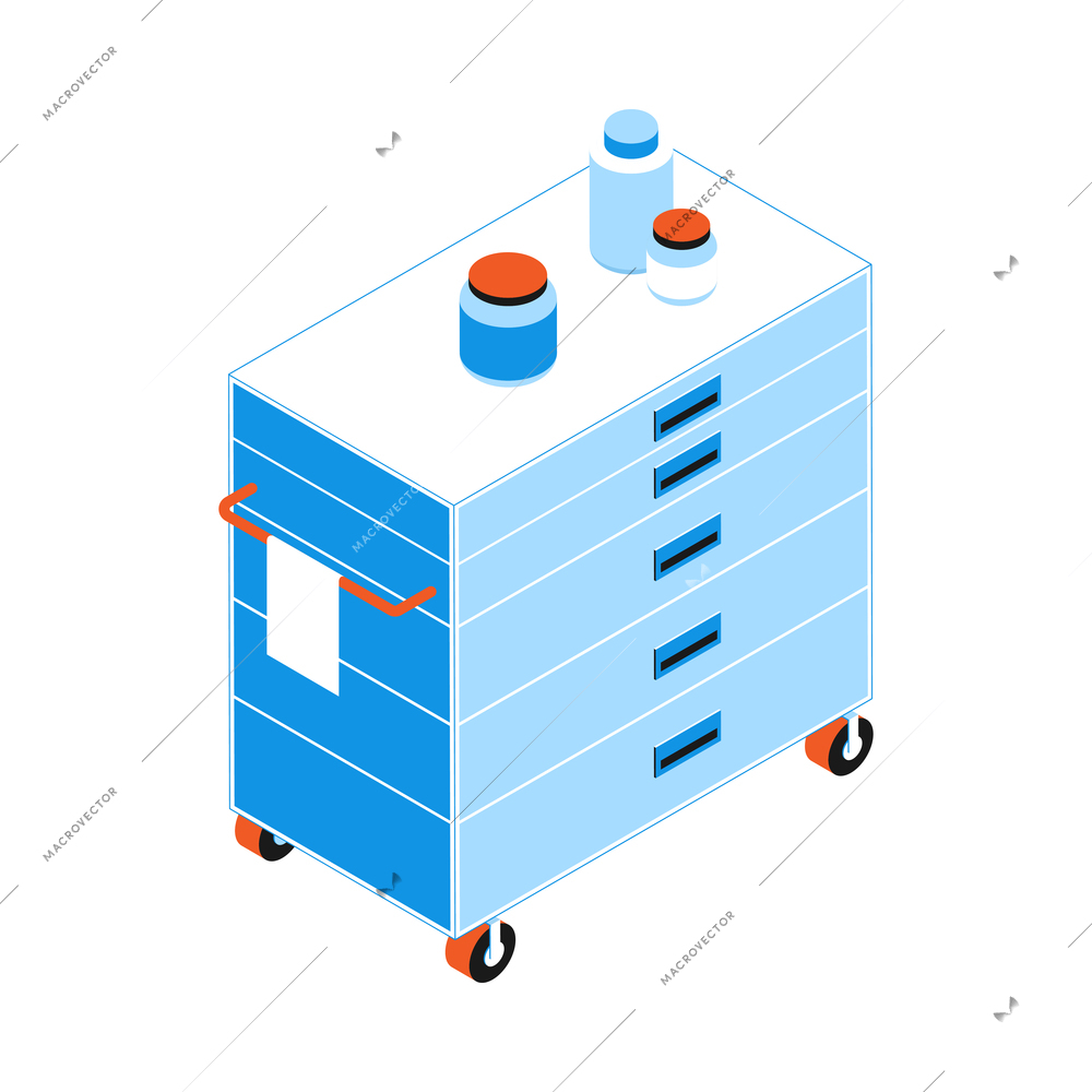 Operating room isometric composition with isolated image of wheeled closet with vials and tubes vector illustration