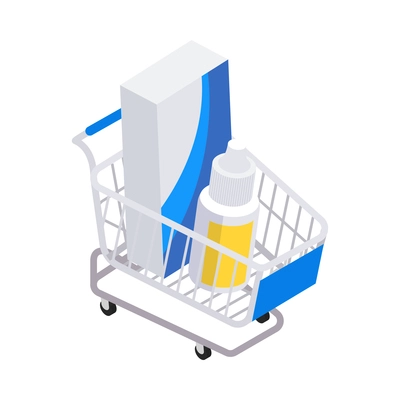 Pharmacy isometric icons composition with isolated image of supermarket cart with medical products vector illustration