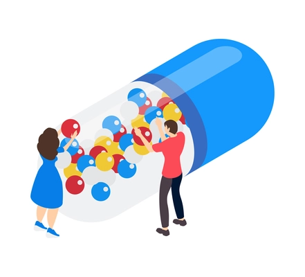 Pharmacy isometric icons composition with human characters and pill with molecule inside vector illustration