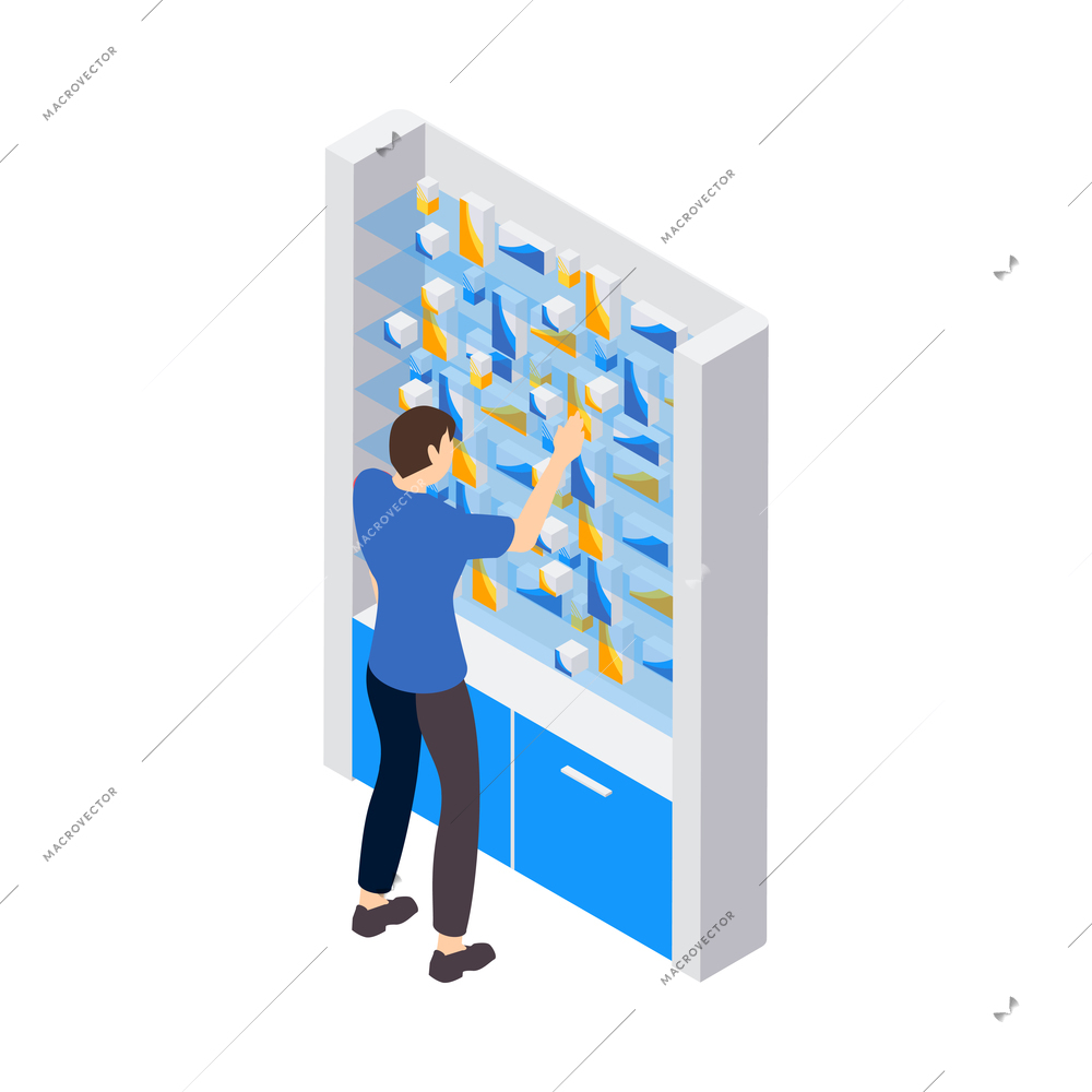 Pharmacy isometric icons composition with isolated image of shop cabinet with medical products vector illustration