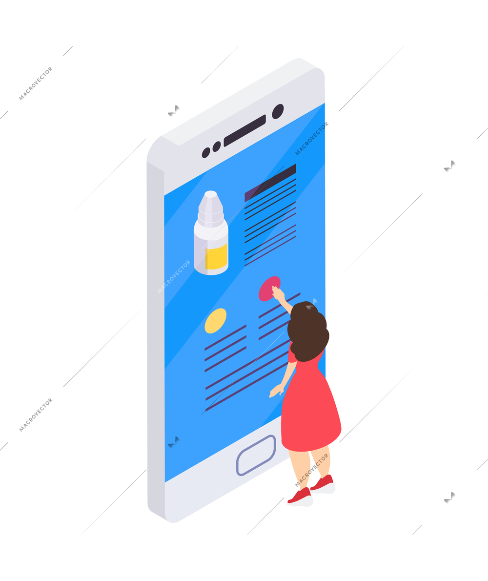 Pharmacy isometric icons composition with isolated image of smartphone with online shop and female user vector illustration