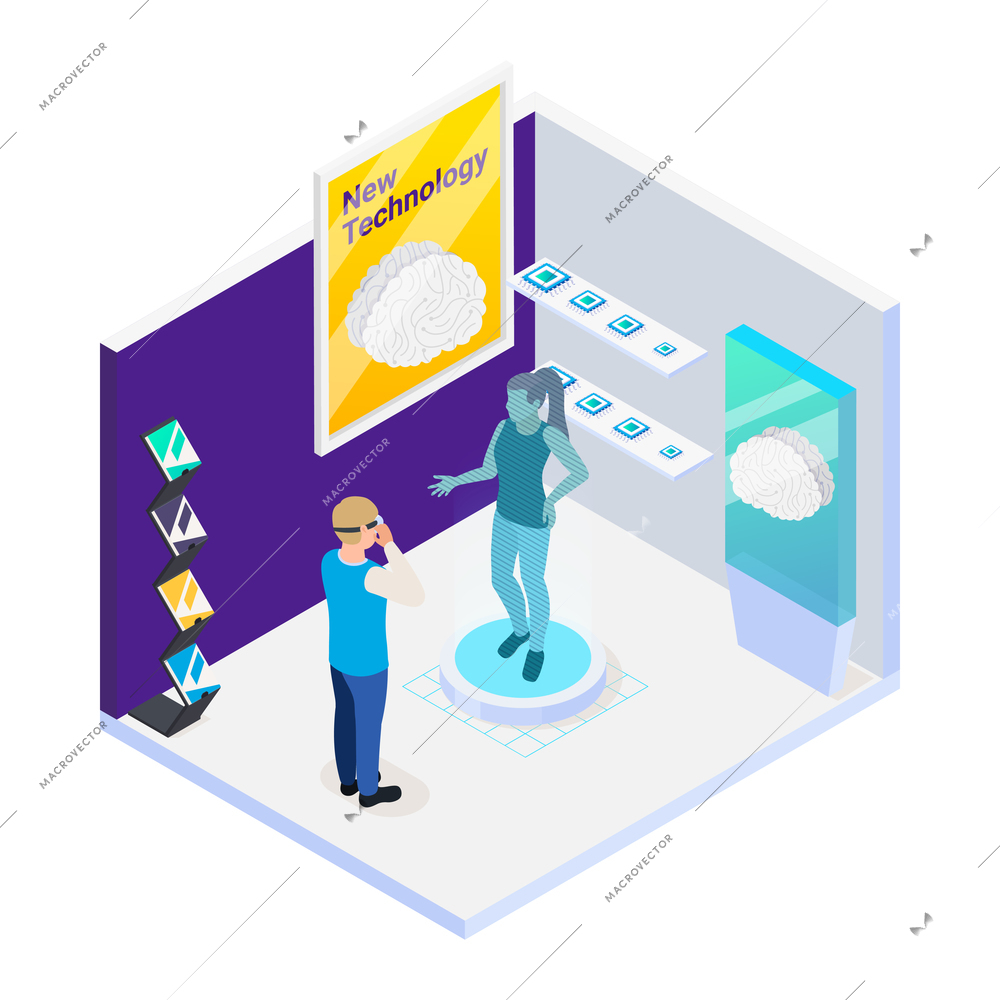 Modern exhibition promotion stands isometric composition with view of booth with robot and chips vector illustration