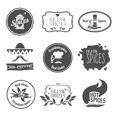 Fresh premium spices hot black labels emblems and stamps set isolated vector illustration