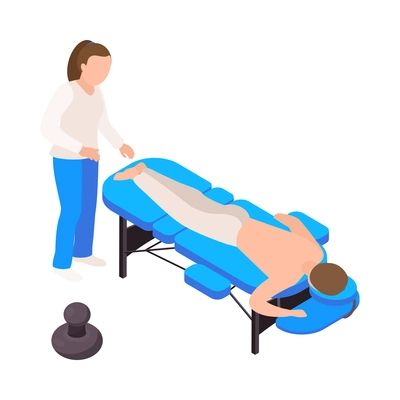 Massage therapy isometric icons composition with characters of client on massage bed and female physician vector illustration