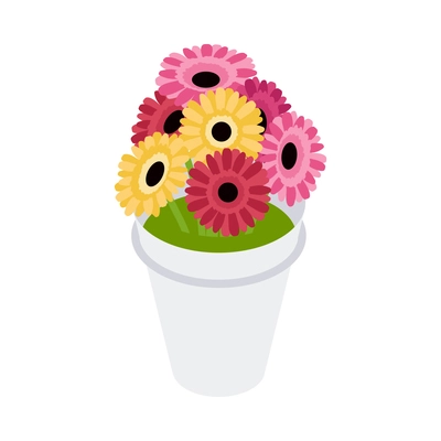 Flower shop florist icons isometric composition with isolated image of pot with colorful flowers inside vector illustration